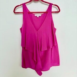 Amanda Uprichard 100% Silk V-Neck Top Blouse Pink Ruffle Front (Large)